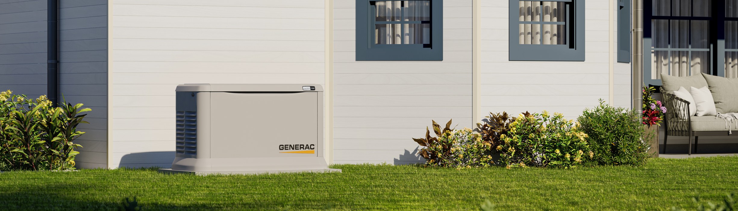 A Generac home standby generator beside a bright, well-kept home